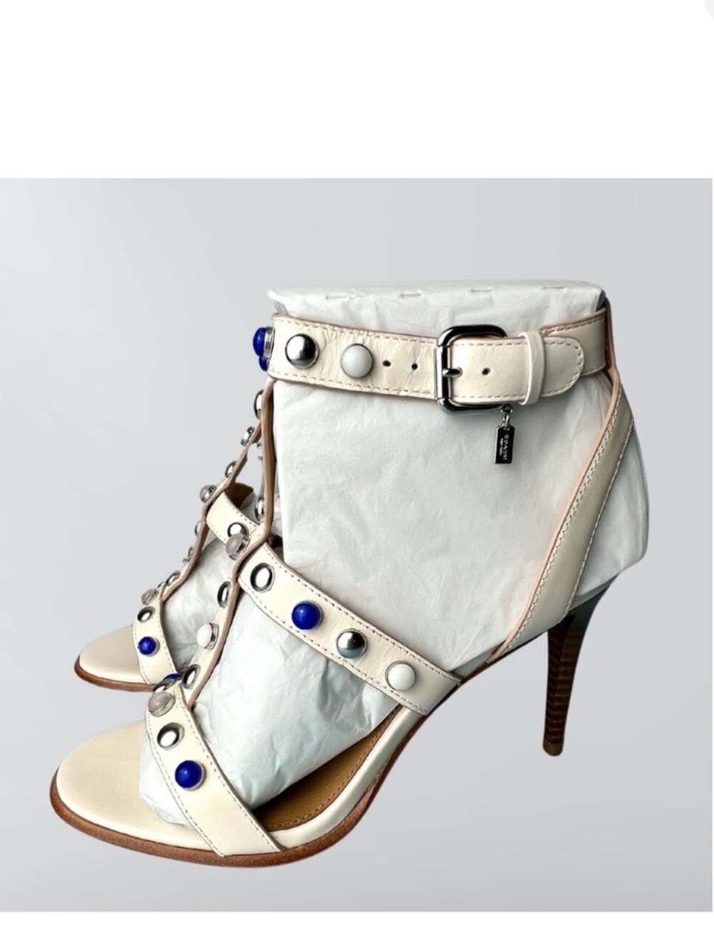 Coach Chalk Leather ‘Isabel’  Studded Open-Toe Ankle Sandals with Blue Accents